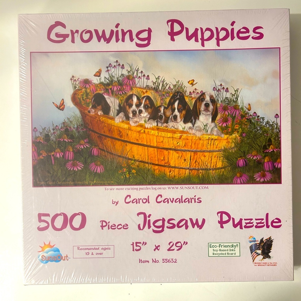 New Sunspot Jigsaw Puzzle Growing Puppies by Carol Cavalaris 15”x29” 500 Pieces